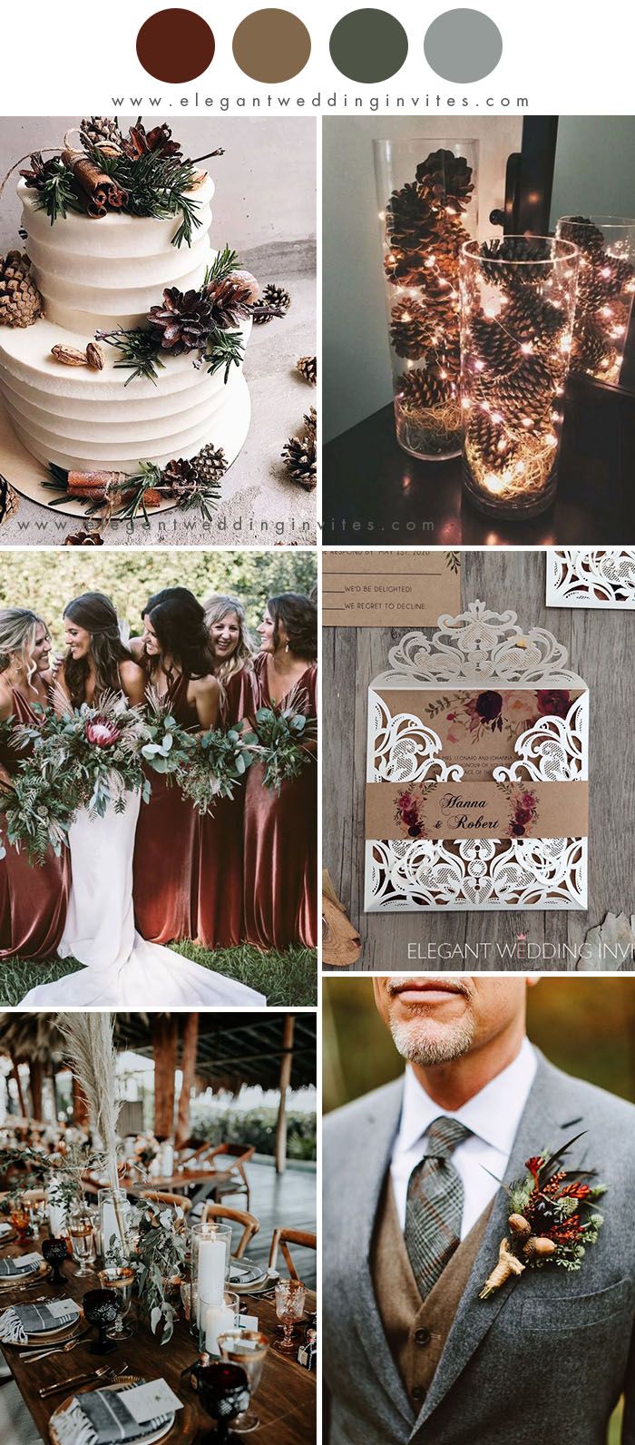Burgundy, green, and gold winter wedding color palette