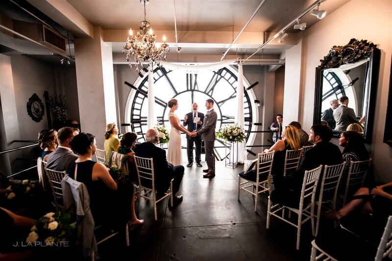 downtown denver clocktower wedding ceremony with guests