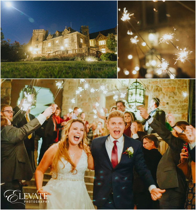 bride and groom leaving Highlands Ranch mansion with a sparkler send-off