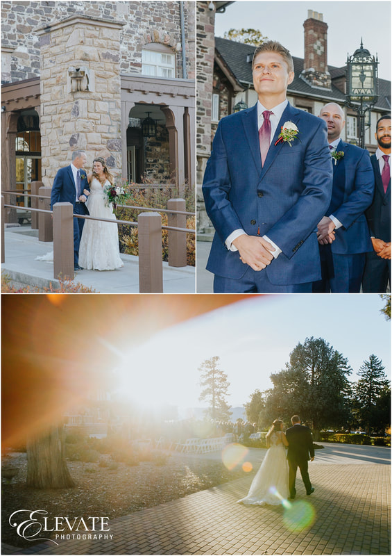 collage of groom awaiting for the bride to walk down the aisle, as the bride is escorted by her father down the aisle