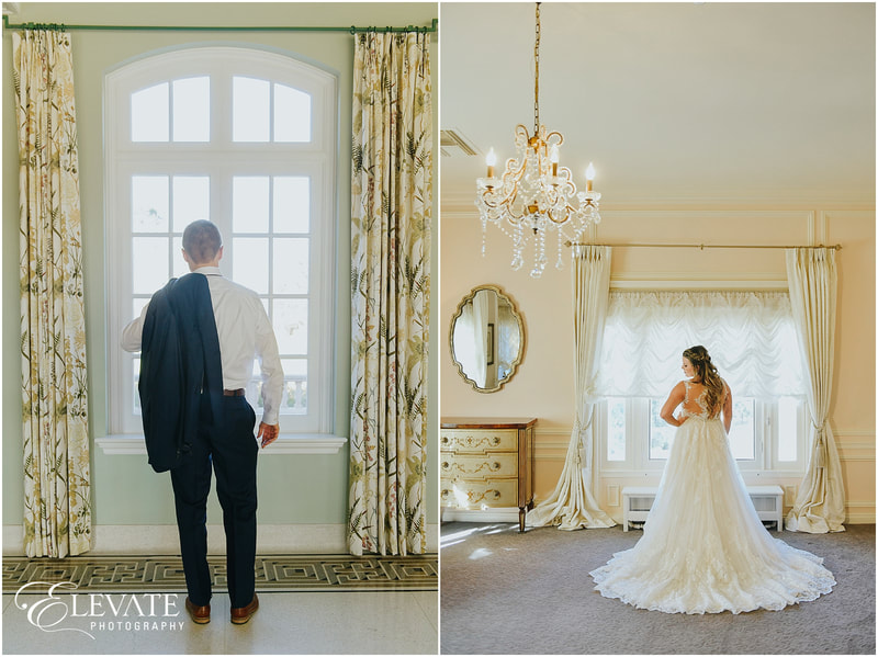 collage of bride and groom both peering out windows from their bridal suites