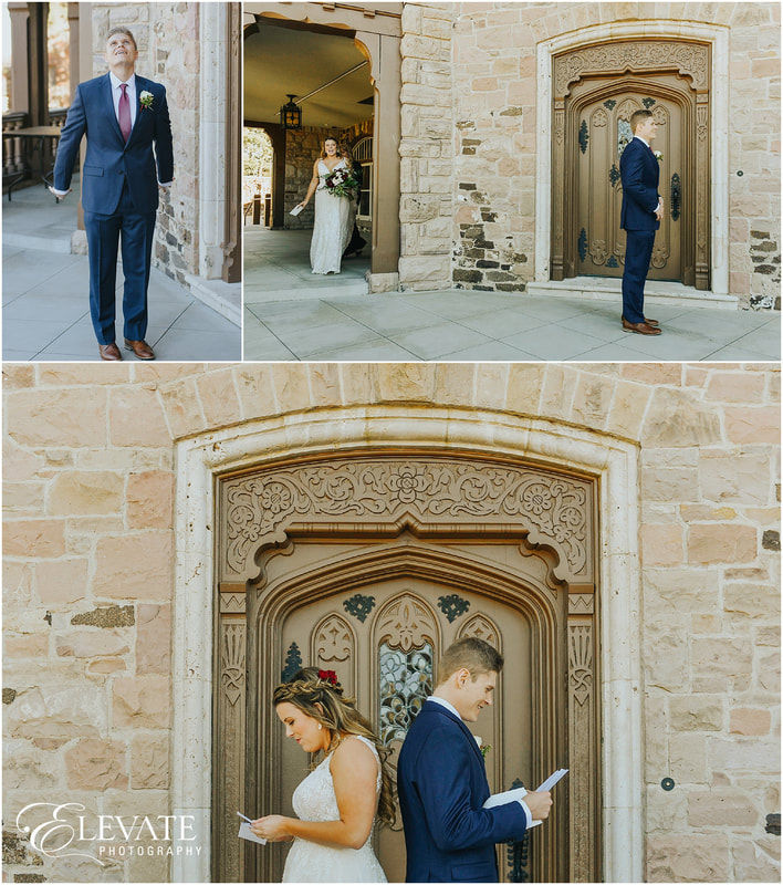 collage of groom waiting for the bride to arrive, and the bride and groom reading notes from each other