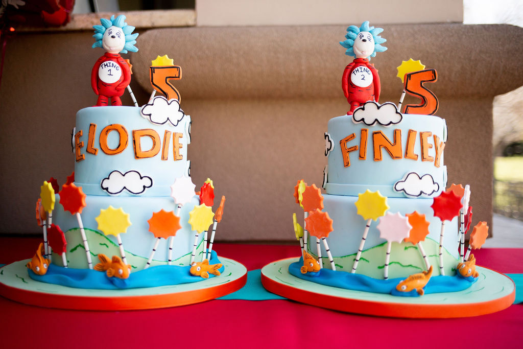 Individual, two tiered Thing 1 and Thing 2 themed birthday cakes