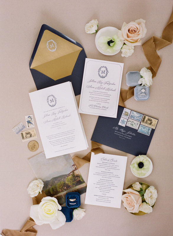 White and navy blue elegant wedding invitation by Perfect Press