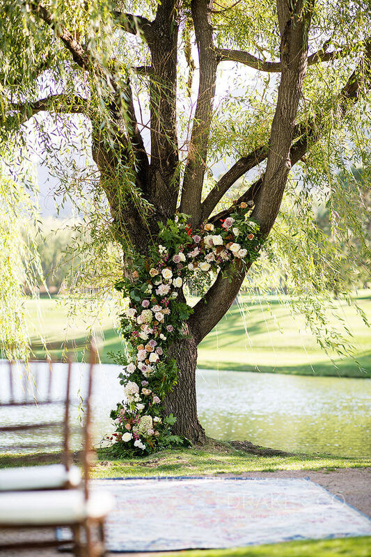 Tree trunk wedding arch with ivory and purple roses