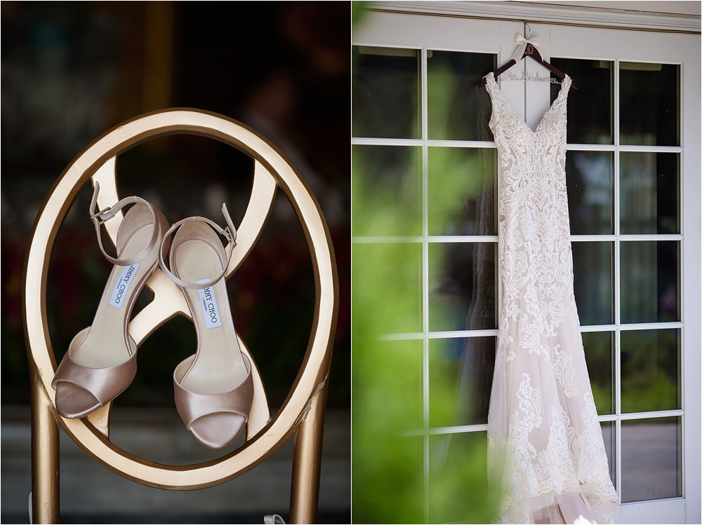 Wedding dress hanging on a door frame at The Broadmoor Resort