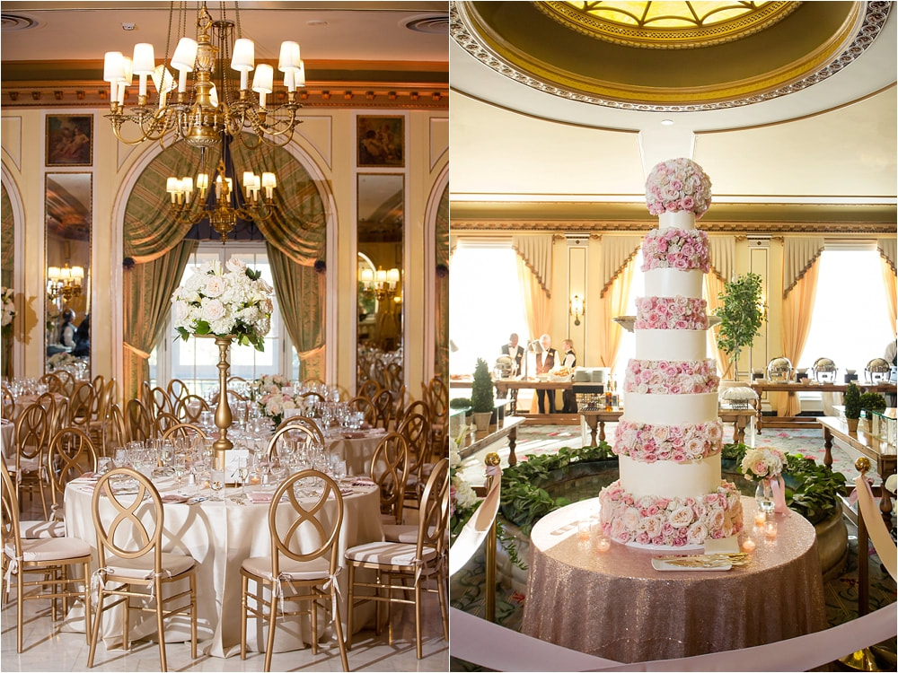 11-tiered wedding cake decorated with white and blush roses at a Colorado wedding