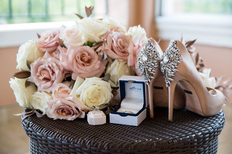 Champagne Rose Bouquet, Champagne Wedding Heels, Wedding Rings