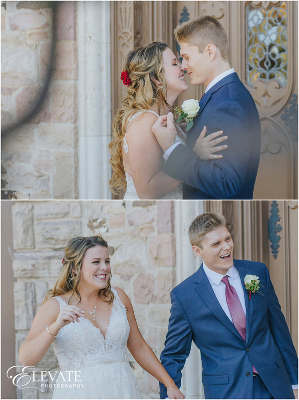 collage of bride and groom embracing for the first time