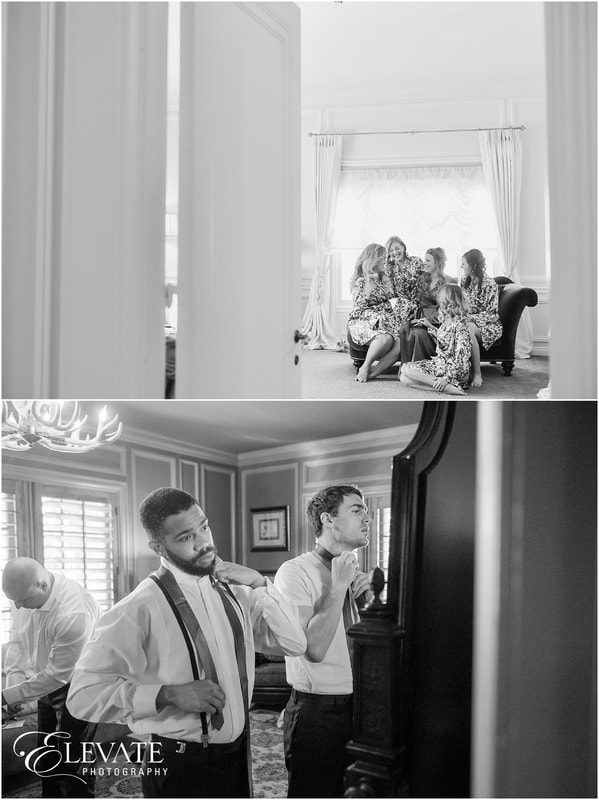 black and white photo of bridal party getting ready and dressed