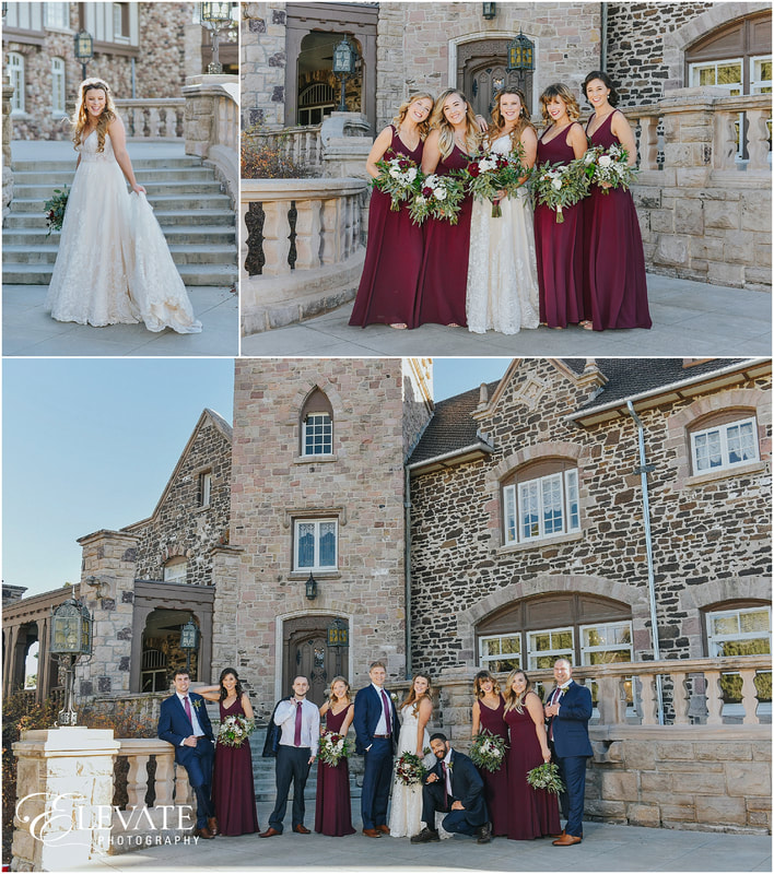 bride, bridesmaids and full bridal party collage photo