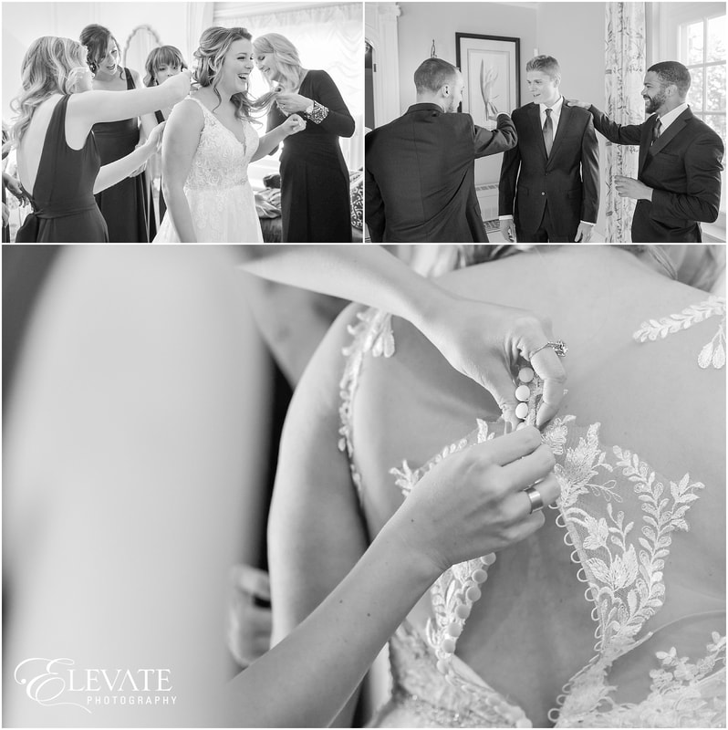 collage of bride and groom adding final touches of getting ready and bridal gown being buttoned