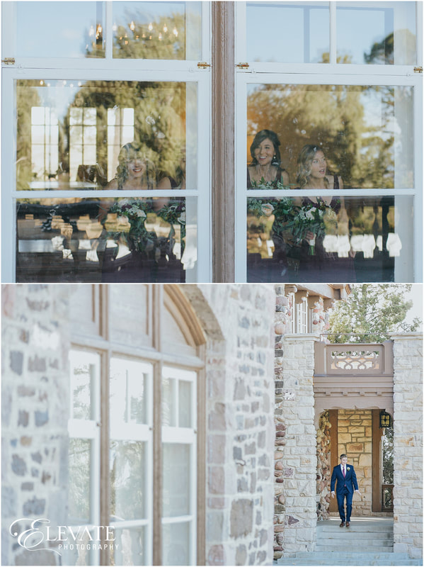 collage of the bridesmaids peering out a window and watching the groom walk toward his bride