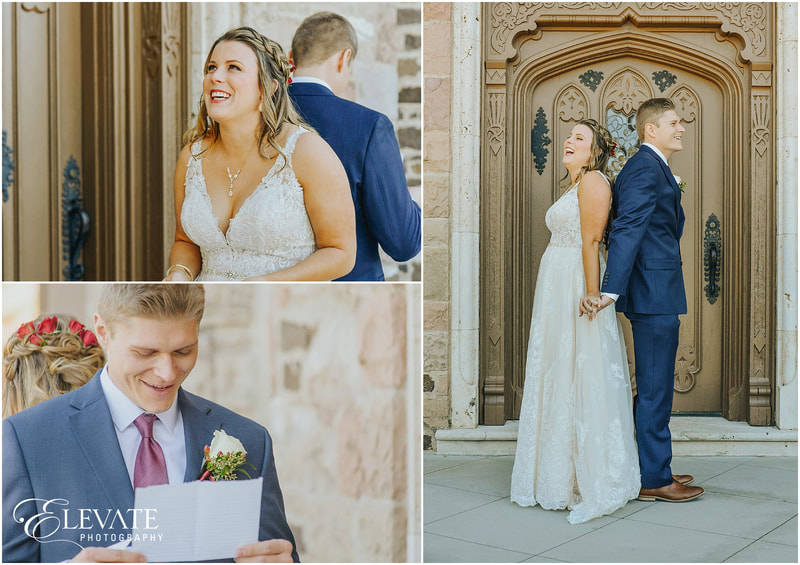 collage of the bride and groom reading notes to each other and holding hands after