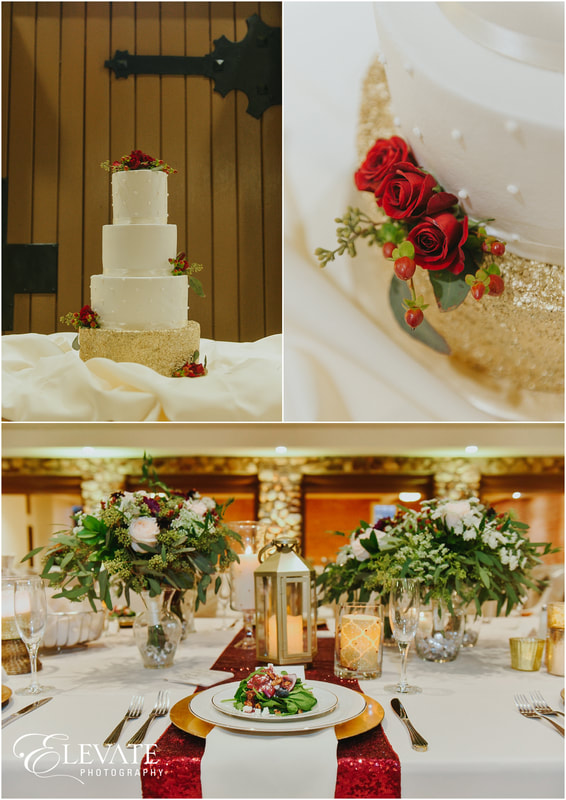 collage of wedding cake details and wedding guest table setting