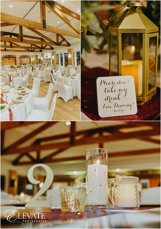 collage of wedding reception room and candle centerpieces