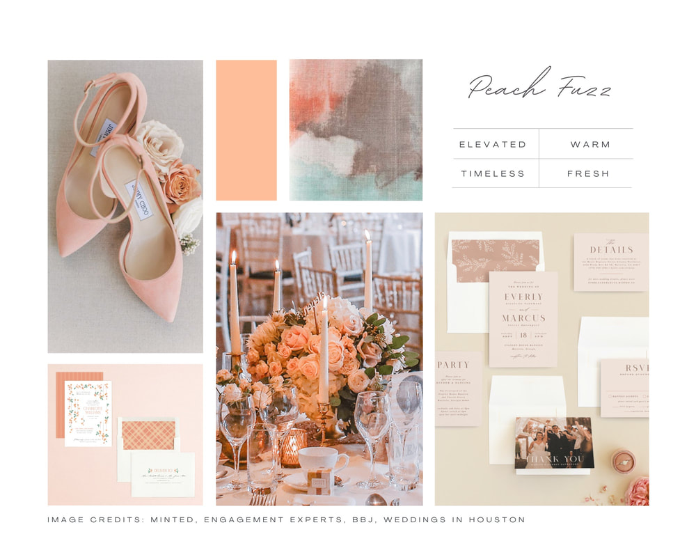 Mood board with Peach Fuzz wedding inspiration for 2024 weddings