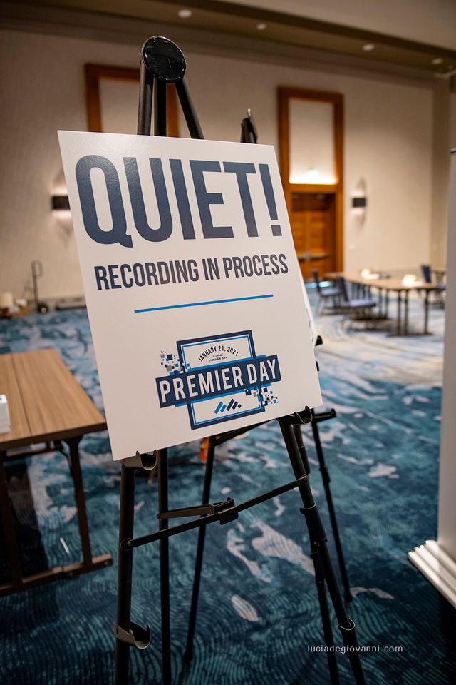 Custom sign "Quiet! Recording in Progress" on easel