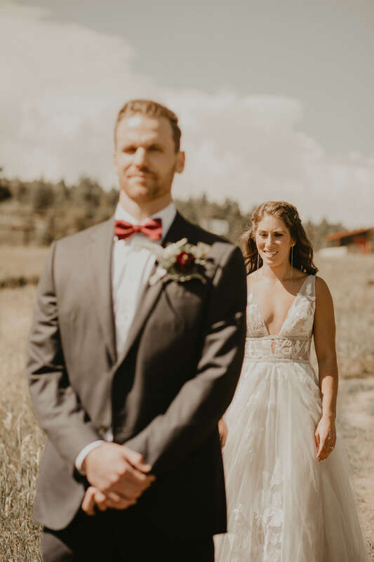Bride and groom first look at Colorado Mountain Ranch