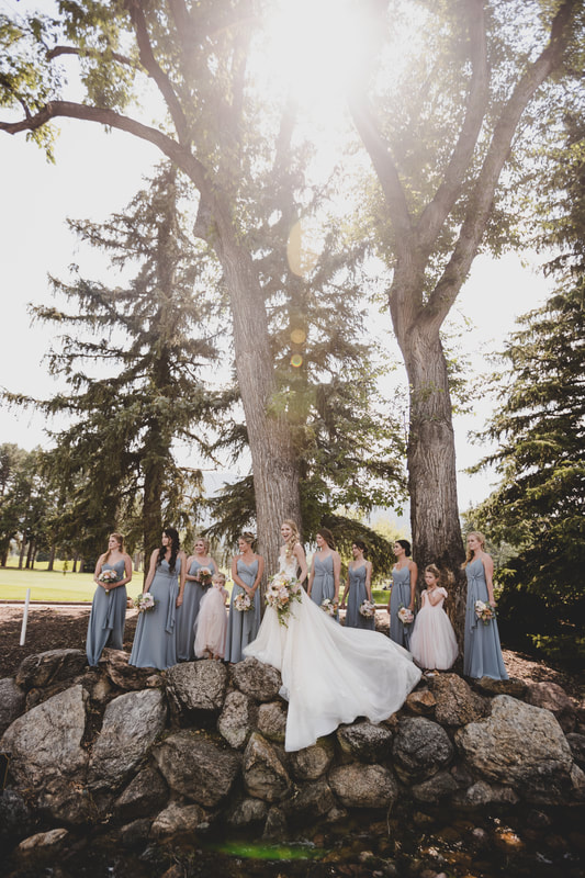 Bride and bridesmaids standing on rocks and stones in front of large trees
