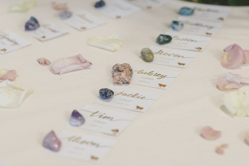 Escort cards displayed with different stones and meal choice indicators 